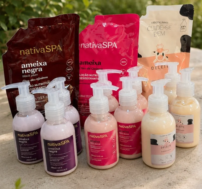 Frascos de 100 ml com rótulos do Kit Básico das linhas Nativa SPA, Cuide-se Bem e Deleite