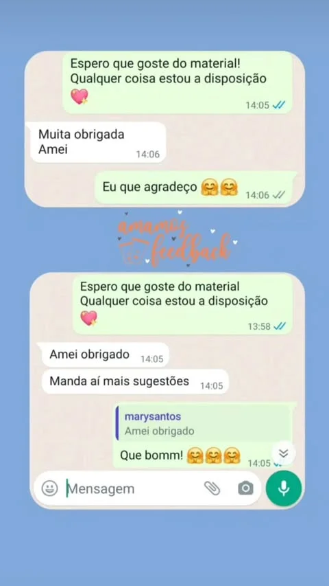 Prints de clientes agradecendo pelo envio do material